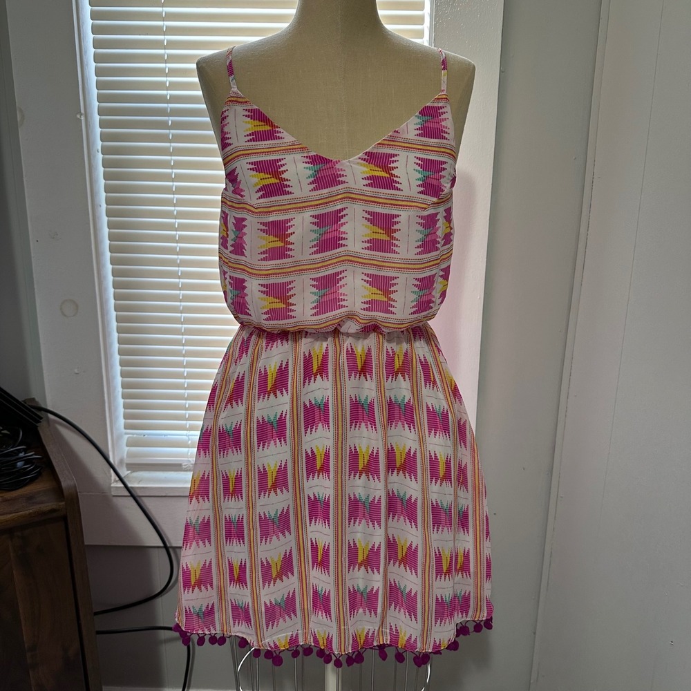 Ocean Drive Womens Pink Geometric Tribal Print Pom Pom‎ Mini Dress  Size M